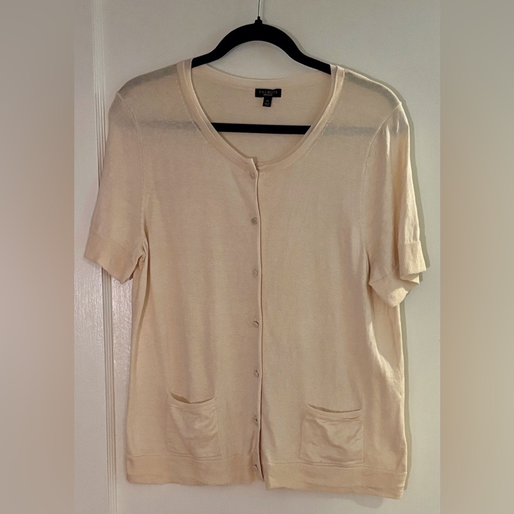 Talbots Silk Short Sleeve Button Down Cardigan in Cream
